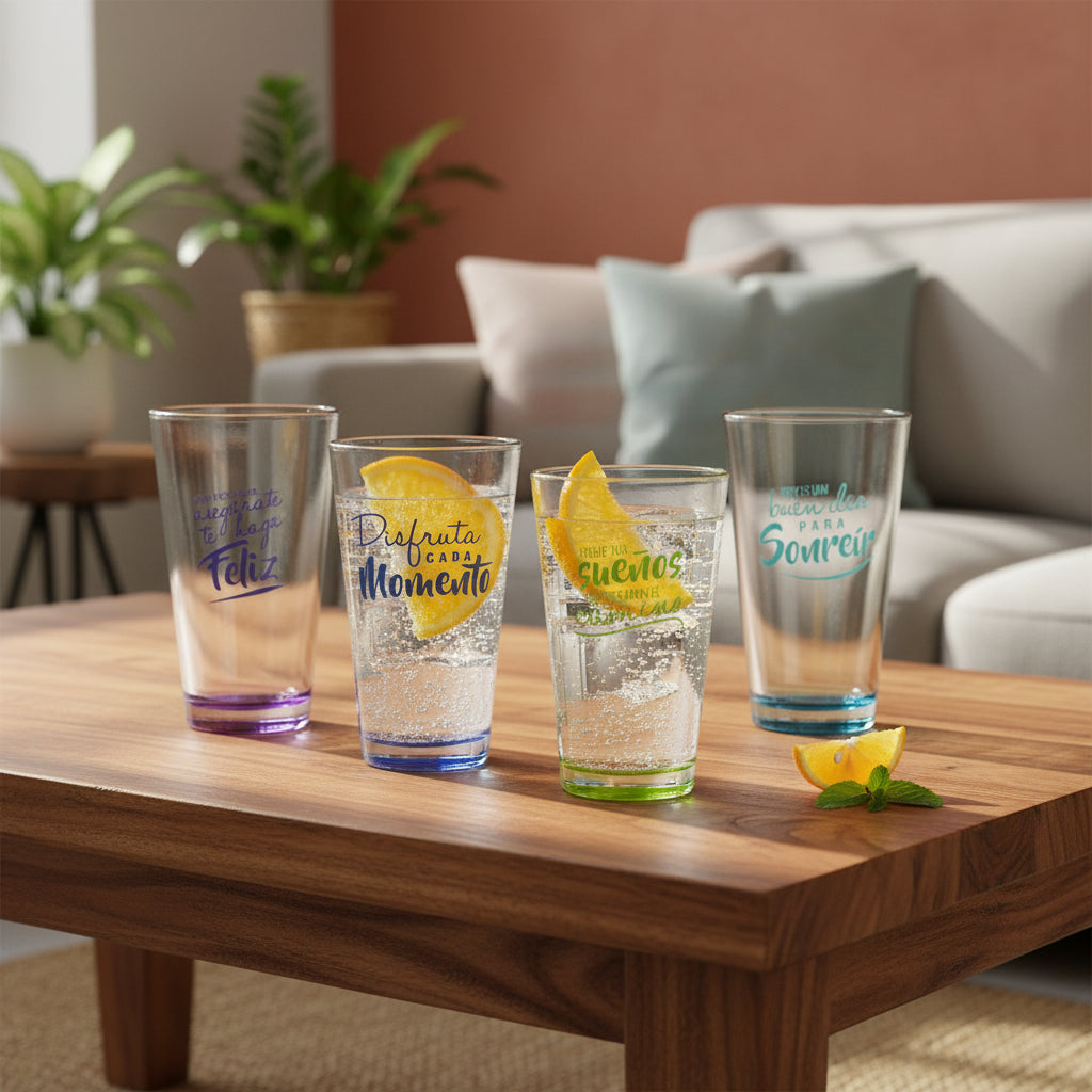 4 piezas de vasos con frases para uso en sala con amigos o familia en sala de estar o comedor 