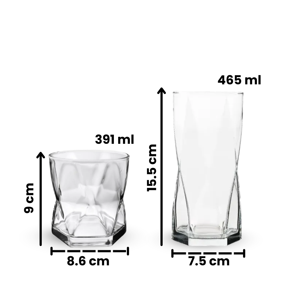 Medidas y capacidades de los vasos Rombus de vidrio de 352 ml y 465 ml