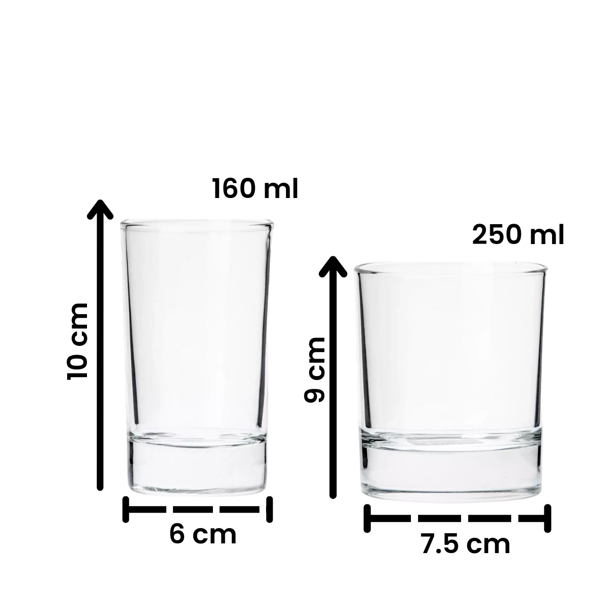 Medidas de vasos Stelvio de vidrio de 160 ml y 250 ml