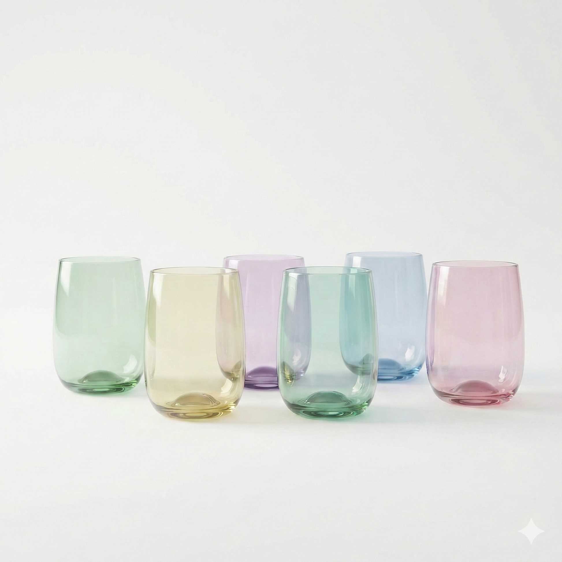 Juego de vasos de vidrio en colores suaves con acabado liso, presentados sobre fondo blanco