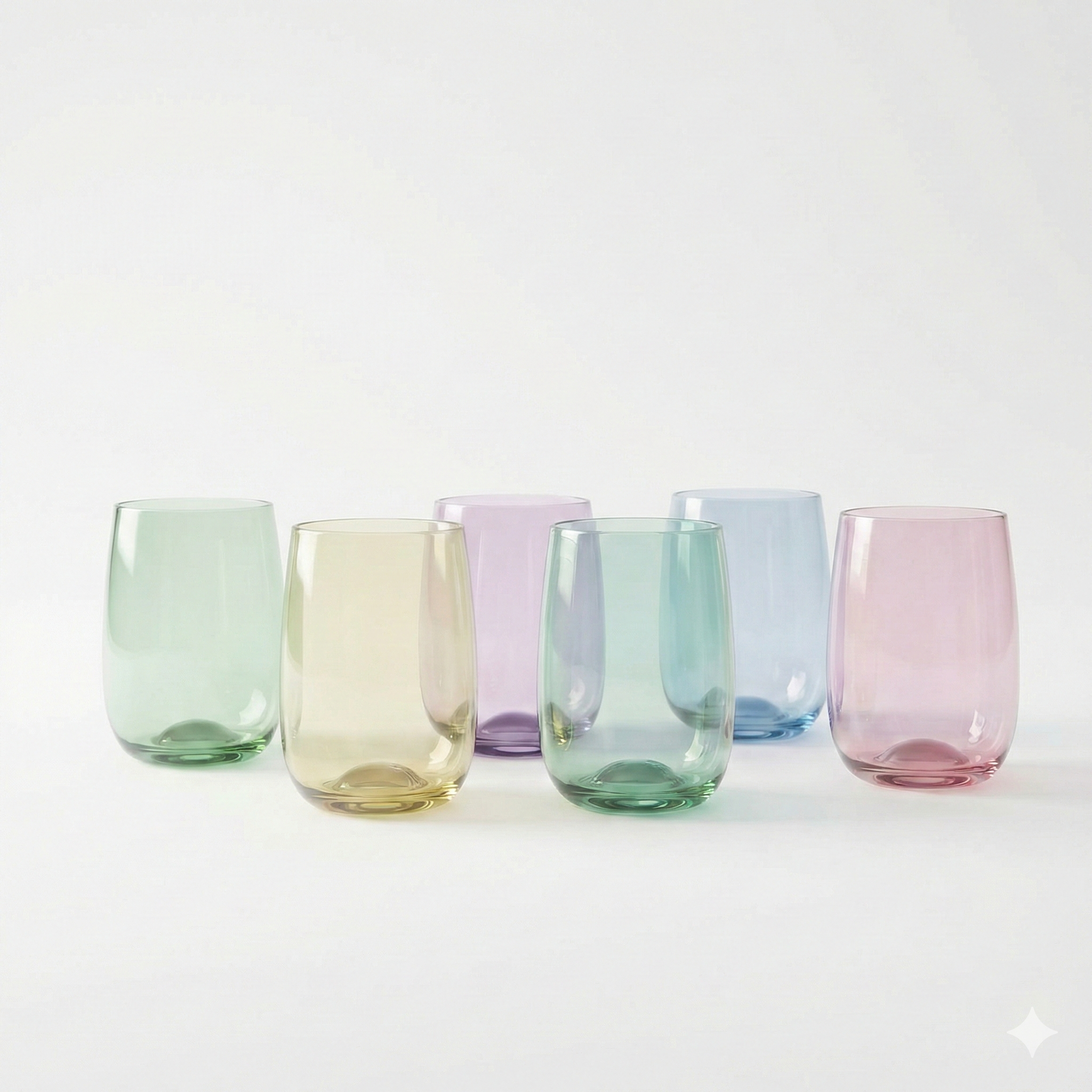 Juego de vasos de vidrio en colores suaves con acabado liso, presentados sobre fondo blanco