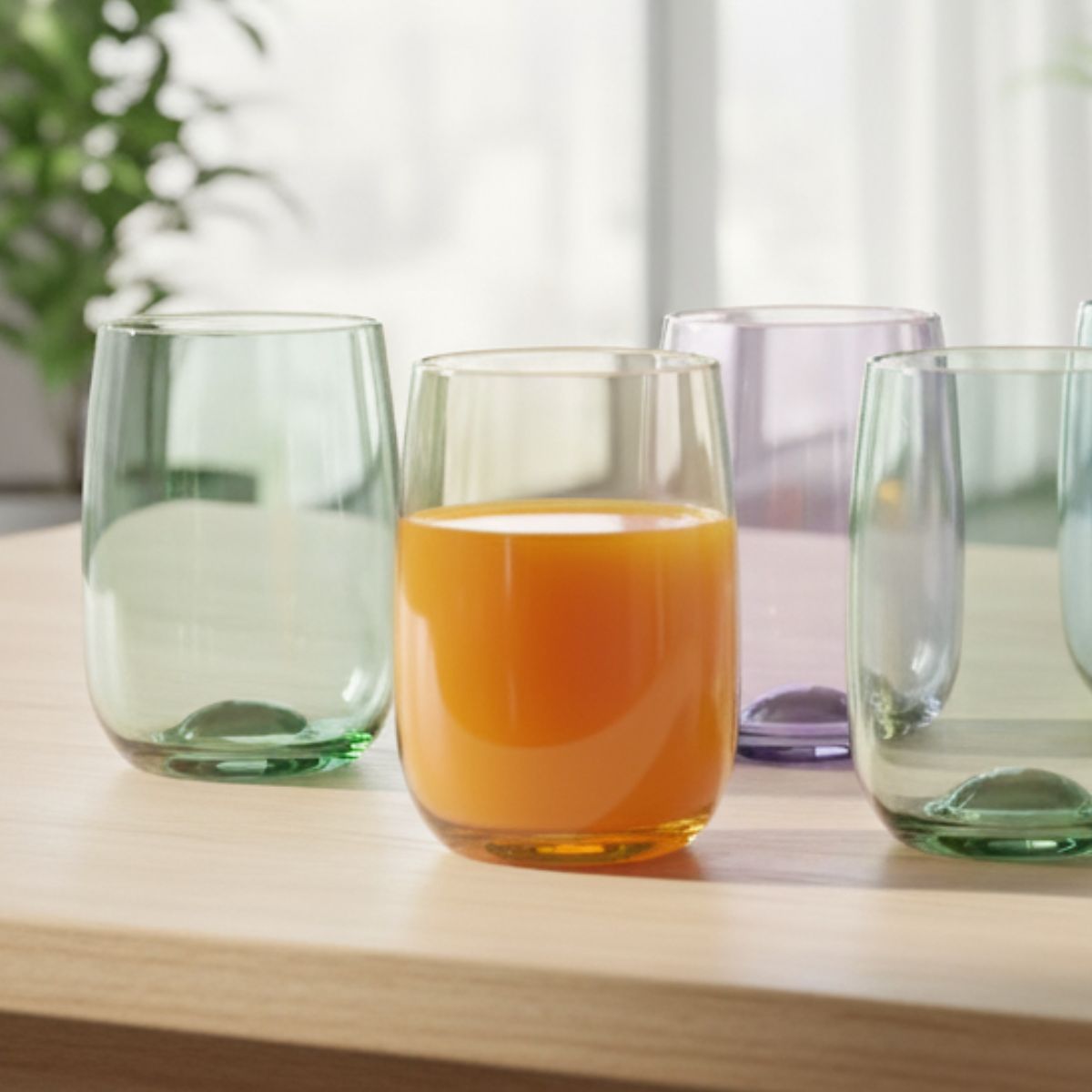 Vasos de vidrio en colores suaves sirviendo bebidas sobre mesa de madera