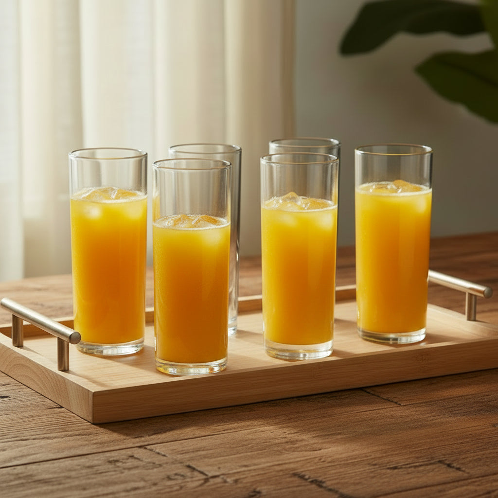 juego de 6 vasos de vidrio para uso en hogar o restaurante intenso con jugo de naranja o para uso con agua o te helado.