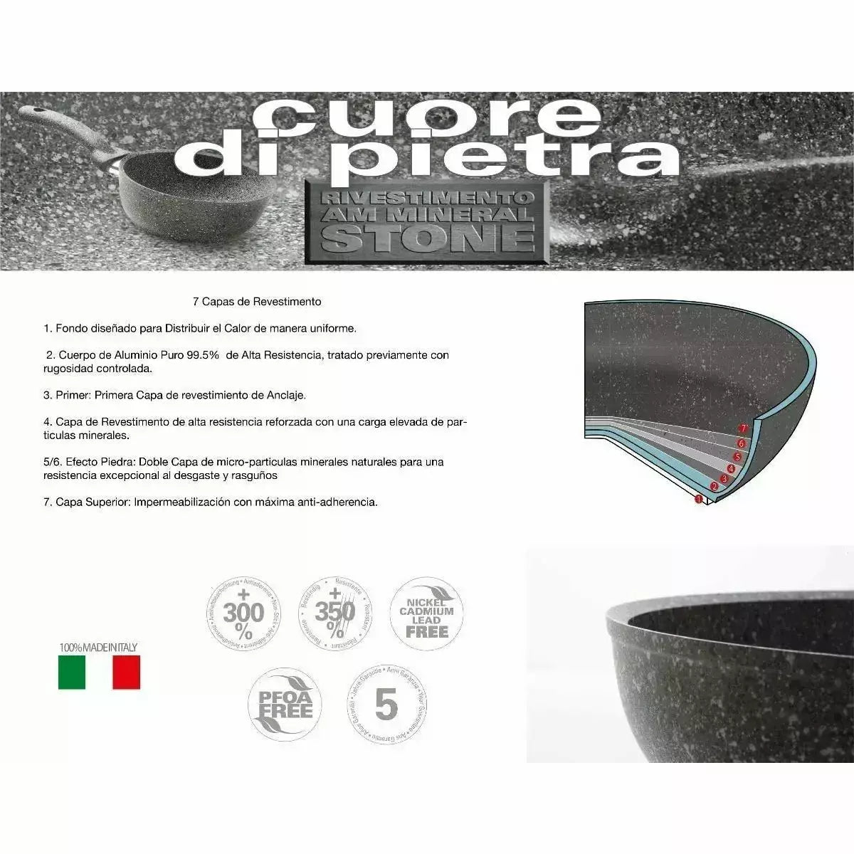 Cuore D Pietra - Cacerola de Granito Con Tapa Pyrex