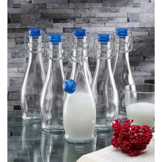 Borgonovo Indro - Botella De Vidrio Capacidad 350 Ml. Con Tapa Hermética Reutilizables Envase de Vidrio Transparente Recargables Para Jugo, Agua