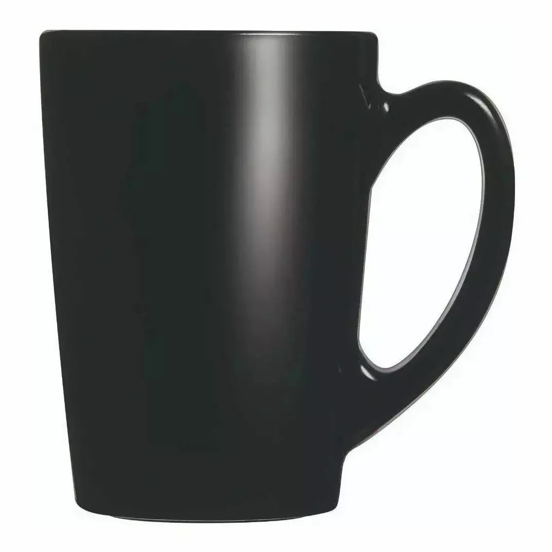 Vista lateral de taza Morning de opal negro 320 ml, ideal para café con leche, capuchino o té.