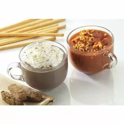 Tazas jumbo de vidrio Borgo Tazzota con café caliente y sopa, perfectas para cocina, cafetería o uso diario en casa.
